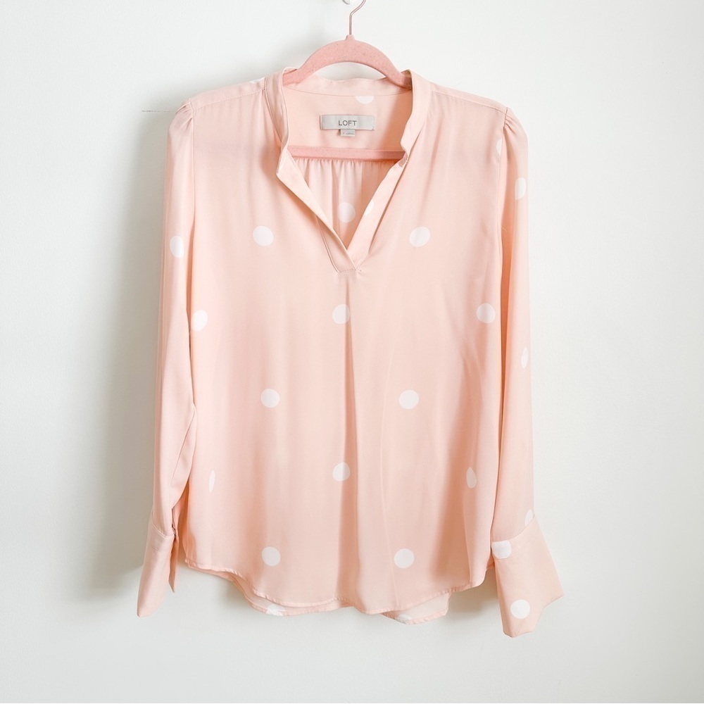 Loft Pale pastel pink white polka dot Sheer Button Front Collared Top sz small